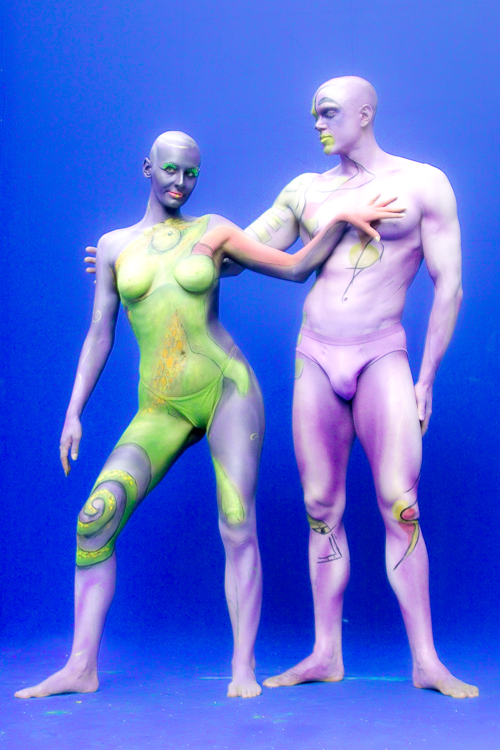 Art, Aufführung, Bodypainting, Color, Colors, Colour, Colours, Contest, Event, Farbe, Festival, Kunst, Körperbemalung, Körpermalerei, Modelle, Models, Model, Performance, Schminkkunst, Stage, Veranstaltung, Vorführung, WEB, Wettbewerb, Model of Sandra Bauscher and Duncan presenting a non-intended match