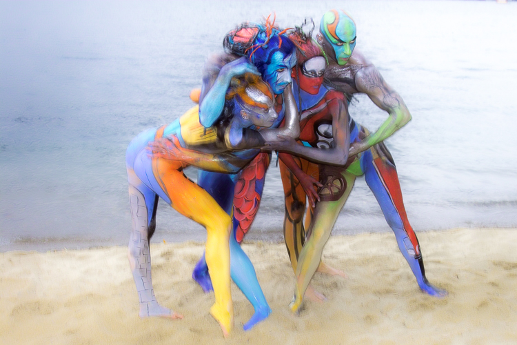 Art, Aufführung, Bodypainting, Color, Colors, Colour, Colours, Contest, Event, Farbe, Festival, Kunst, Körperbemalung, Körpermalerei, Modelle, Models, Model, Performance, Schminkkunst, Stage, Veranstaltung, Vorführung, WEB, Wettbewerb, Four models of three artists. Anna Pogodzinska, Agnieszka Glinska and Joanna Ciesla