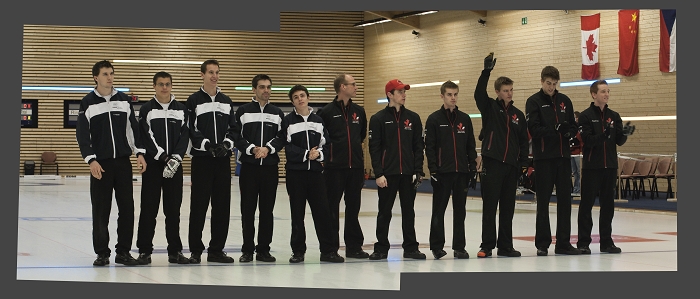 Play-Off Ceremony Canada vs. Switzerland, Team-Canada: Jake Walker, Craig Van Ymeren, Geoff Chambers, Matt Mapletoft, Mathew Camm, Team-Switzerland: Peter de Cruz, Benoît Schwarz, Roger Gulka, Valetin Tanner, Dominik Märki<br>Bronze Medal, Olympia 2018, PyeongChang Korea