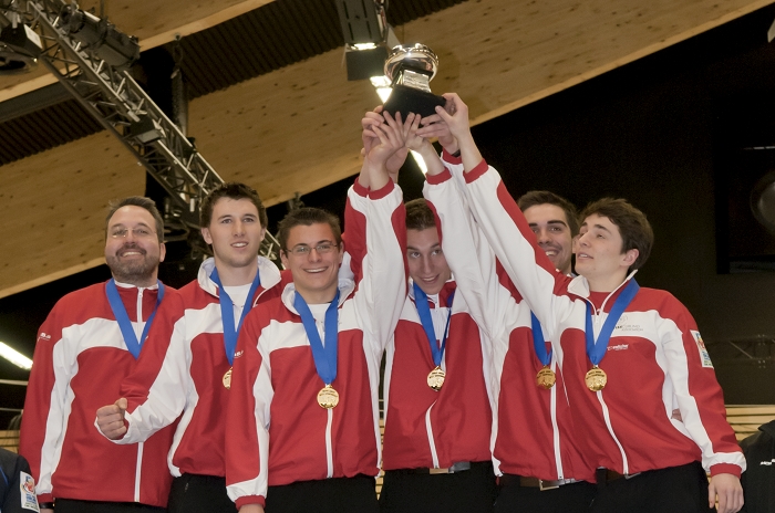 Final Ceremony, Team-Switzerland: Peter de Cruz, Benoît Schwarz, Roger Gulka, Valetin Tanner, Dominik Märki<br>Bronze Medal, Olympia 2018, PyeongChang Korea