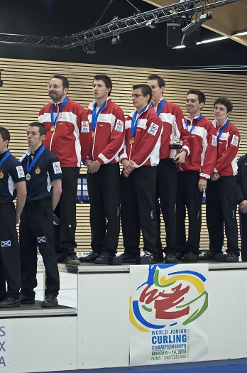 Final Ceremony, Team-Switzerland: Peter de Cruz, Benoît Schwarz, Roger Gulka, Valetin Tanner, Dominik Märki<br>Bronze Medal, Olympia 2018, PyeongChang Korea