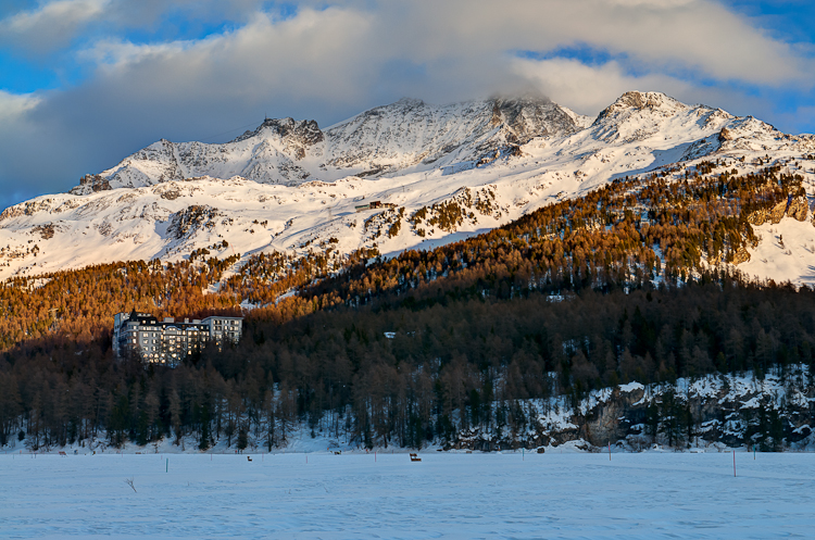 , Winter Sunset, Hotel Waldhaus in Sils/Segl and Ski areas of Piz Corvatsch and Furtschellas.