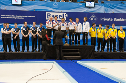 Curling, Sport, World Men's Chamionship, Scotland, Canada, Sweden, Left: Brewster Tom, Drummond Greg, Andrews Scott, Goodfellow Michael, Edwards David.
Center: Howard Glen, Middaugh Wayne, Laing Brent, Savill Craig, Howard Scott.
Right: Kraupp Sepbastian, Lindberg Frederik, Eriksson Oskar, Kjaell Viktor, Edin Niklas