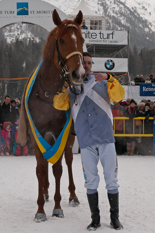 Gübelin 73. Grosser Preis von St. Moritz, Sieger, Winner - Pferd: Schützenjunker / Jockey: Daniele Porcu / Owner: Philipp Schärer Graubünden, Horse Race, Snow, Sport, St. Moritz, Switzerland, White Turf, Winter