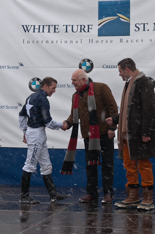 Grand Prix Gunter Sachs Memorial Race, Sieger, Winner - Pferd: Sentimento / Jockey: Miguel Lopez / Owner: John David Hillis Graubünden, Horse Race, Snow, Sport, St. Moritz, Switzerland, White Turf, Winter