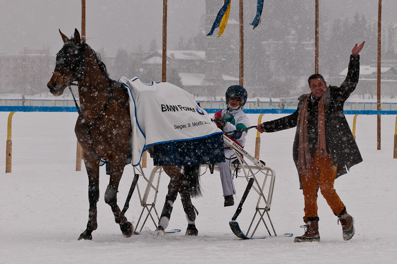 BMW Snow-Trotting Challenge 2012, Laurence Kindler mit Pferd Mask du Granit Graubünden, Horse Race, Snow, Sport, St. Moritz, Switzerland, White Turf, Winter