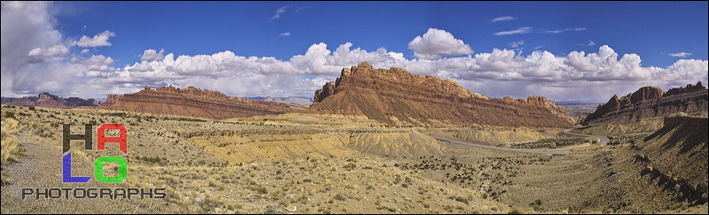 A 3 Day-Drive from Reno to Vail, Mind blowing rock formations just before getting into Green River. Interstate 70 winds itself from Salina to Greenriver high up to the plateau of the San Raffael Swell offering phantastic sceneries. At Spotted Wolf (only a few Miles before getting into Green River) the road building engineers of I-70 had to overcome the San Rafael Reef., Greenriver, Utah, I-70, Clouds, Colorado Plateau, The Grand Staircase, Panorama, 20353-20357_flat.jpg