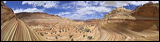 The Wave at Coyote Buttes, Paria Canyon and Vermilion Cliffs Wilderness area, The Coyote Buttes were formed mainly through the power of eroding winds. Wind brought in the layers of sand of various colors, later these layers petrified and now are eroded by wind again.<br>An amazingly special place worthwile visiting. Access is limited to 20 persons a day. A hiking permit is required. Inquire at the Ranger Station., 2006 / 04_23 The Wave, Page, United States of America, Panorama, The Wave, Coyote Buttes South, Paria Canyon, Vermilion Cliffs, Wilderness Area, Page, Kanab, petrified Sand Dunes, Wind, Erosion