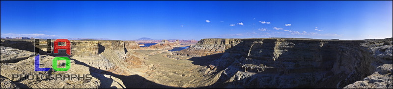 Sunset at Lake Powell from Ramona Mesa, The backside of Lake Powell near Page, Az. The rugged Smoky Mountain Road NPS 264 takes one to this magnificent view of Gunsite Butte and Gooseneck Point, during Sunset at Lake Powell.<br>Lake Powell is the largest man-made lake on this planet., Big Water, Utah, Panorama, Lake Powell, Page, Big Water, Sunset, Ramona Mesa, Gunsite Butte, Gooseneck Point, Colorado Plateau, The Grand Staircase, 02633-02665.jpg